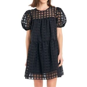 English Factory | Black Gridded Organza Puff Sleeve Mini Party Dress- Small EUC